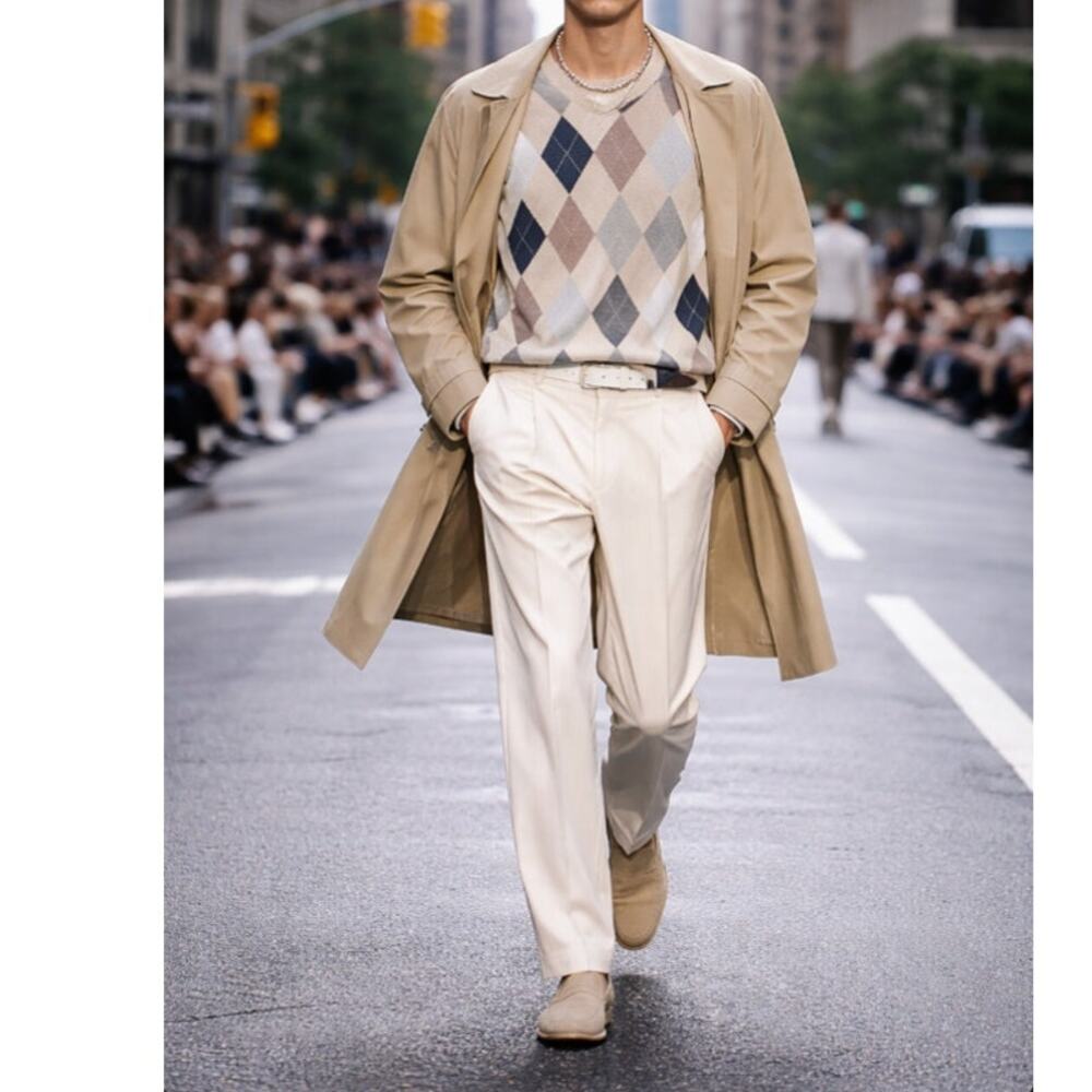 Pronto Uomo XL Cotton Cashmere Argyle V-Neck Sweater Ivory Neutral